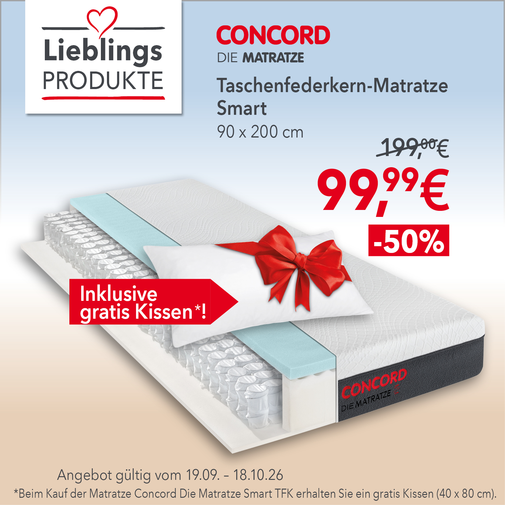 Concord Smart Taschenfederkern-Matratze 90x200 cm für 99,99 € statt 199 €. 50 % Rabatt. Inkl. gratis Kissen. Gültig bis 18.10.2026