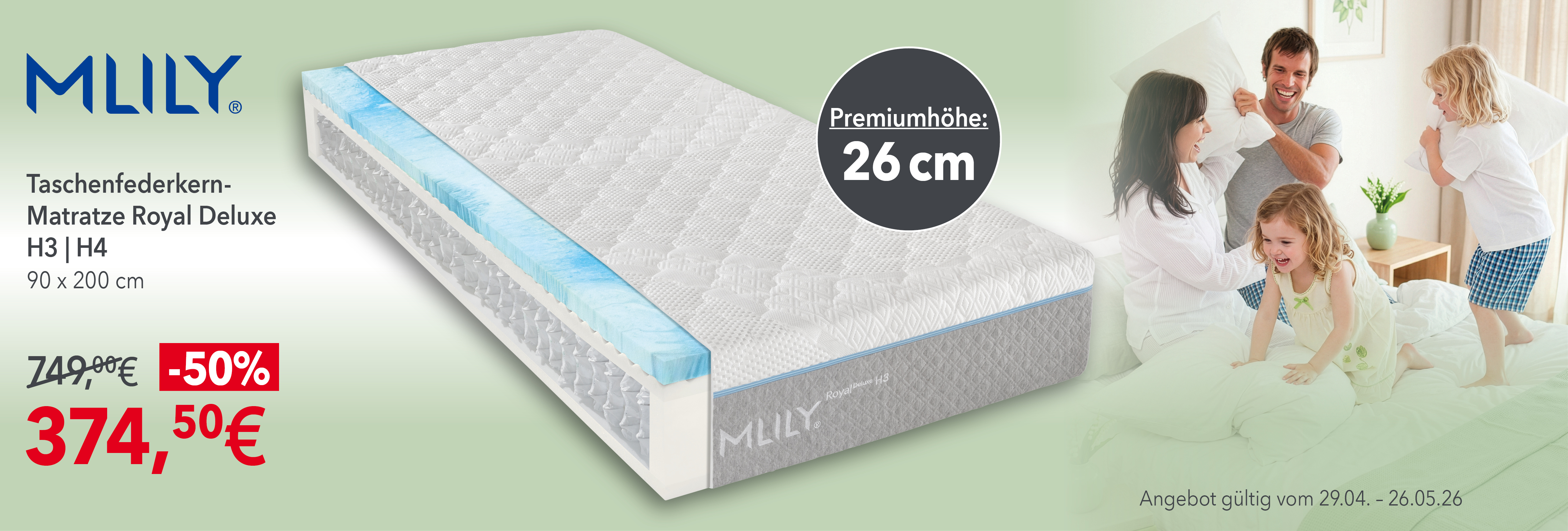 MLILY Taschenfederkern-Matratze Royal Deluxe 90x200 cm für 374,50 € statt 749 €. 50 % Rabatt. Höhe 26 cm. Gültig bis 26.05.2026