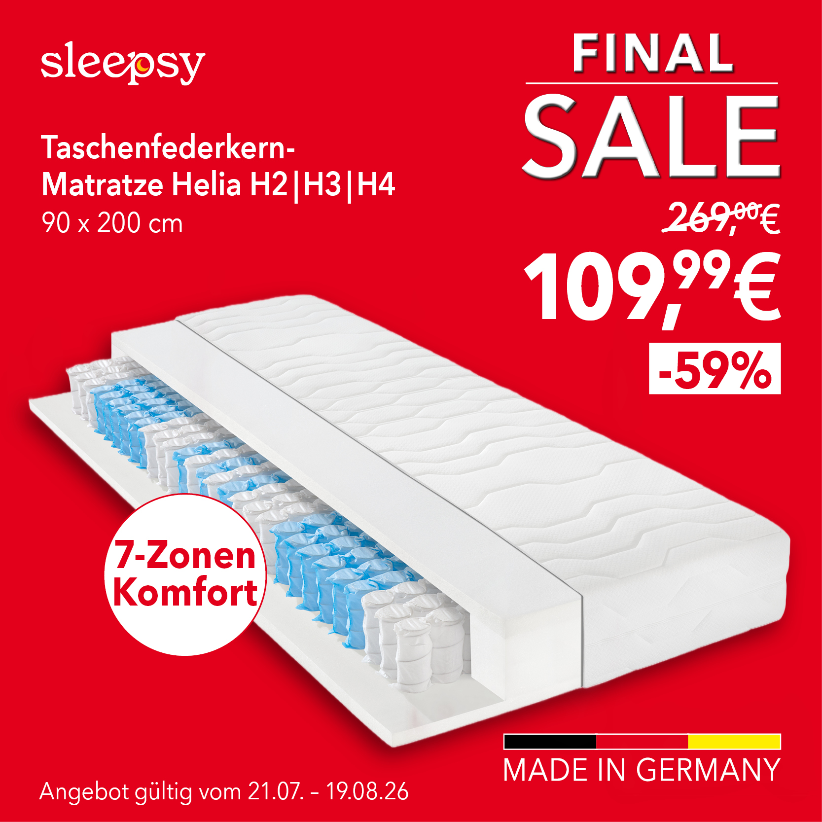 Sleepsy Helia Taschenfederkern-Matratze 90x200 cm für 109,99 € statt 269 €. 59 % Rabatt. 7-Zonen-Komfort. Gültig bis 19.08.2026