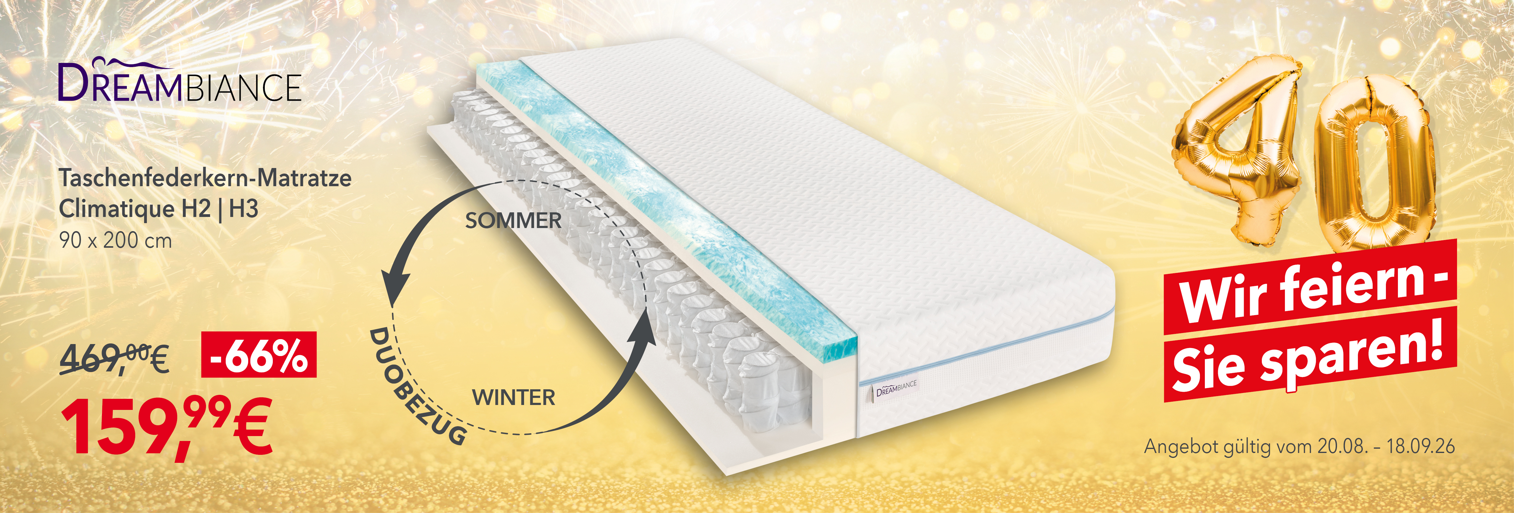Dreambiance Climatique Taschenfederkern-Matratze 90x200 cm für 159,99 € statt 469 €. 66 % Rabatt. Sommer-/Winterseite. Gültig bis 18.09.2026