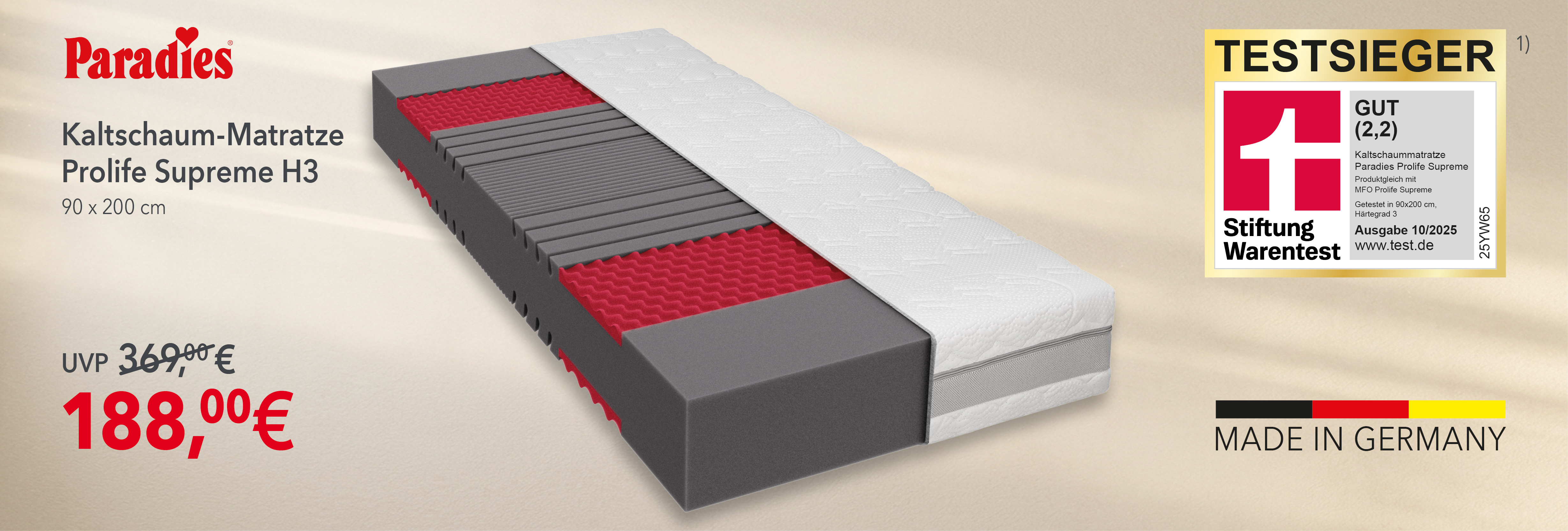 Paradies Prolife Supreme Kaltschaummatratze H3, 90 × 200 cm. Preis: 188 € statt 369 € UVP. Testsieger bei Stiftung Warentest, Note Gut (2,2), Ausgabe 10/2025. Made in Germany.