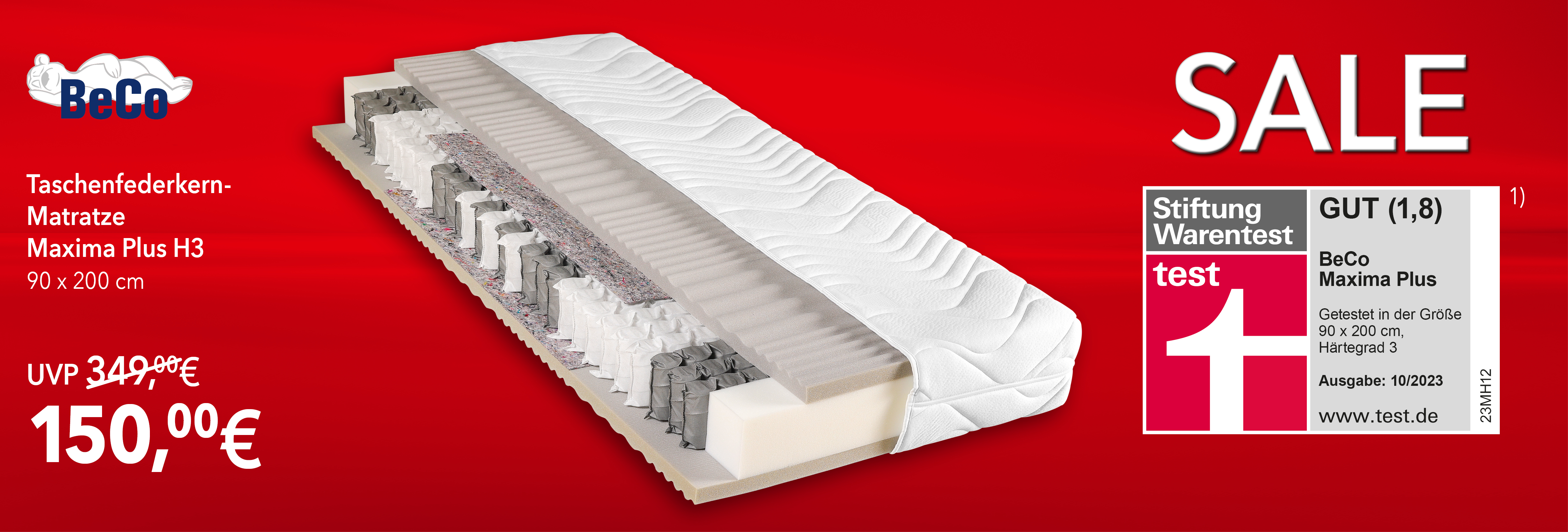 Zur Produktseite der Taschenfederkern‑Matratze BeCo Maxima Plus H3, Größe 90 × 200 cm – jetzt im SALE für 150 € statt 349 €; Stiftung Warentest Note Gut (1,8), Ausgabe 10/2023.