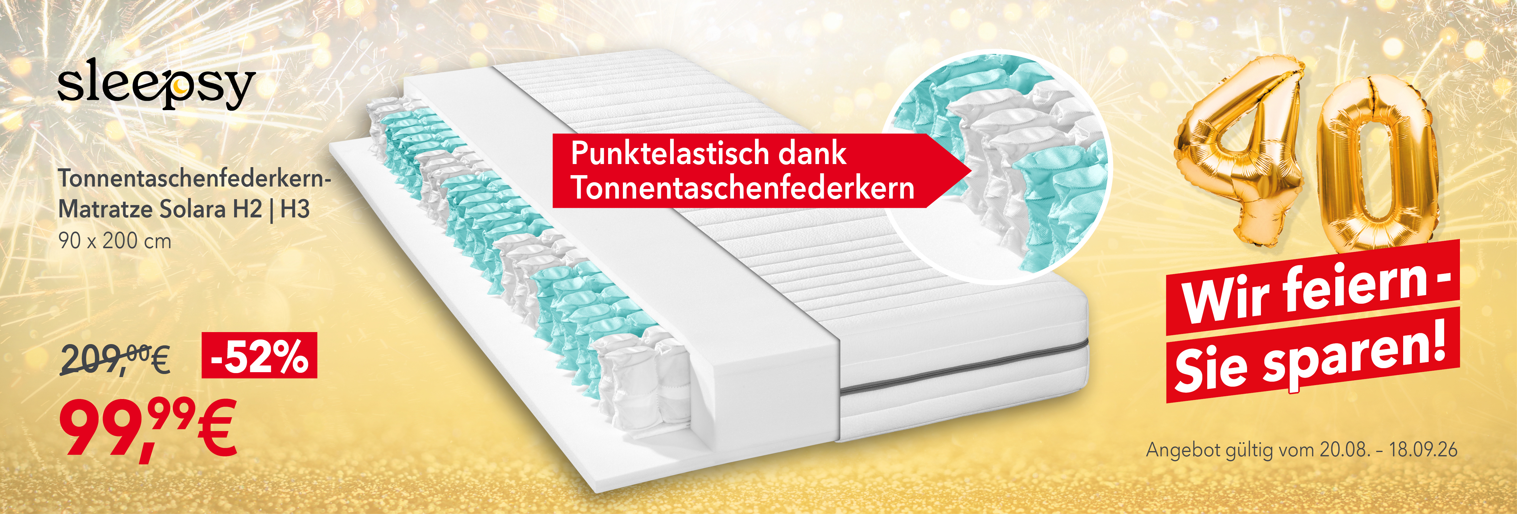 Sleepsy Solara Tonnentaschenfederkern-Matratze 90x200 cm für 99,99 € statt 209 €. 52 % Rabatt. Punktelastisch. Gültig bis 18.09.2026