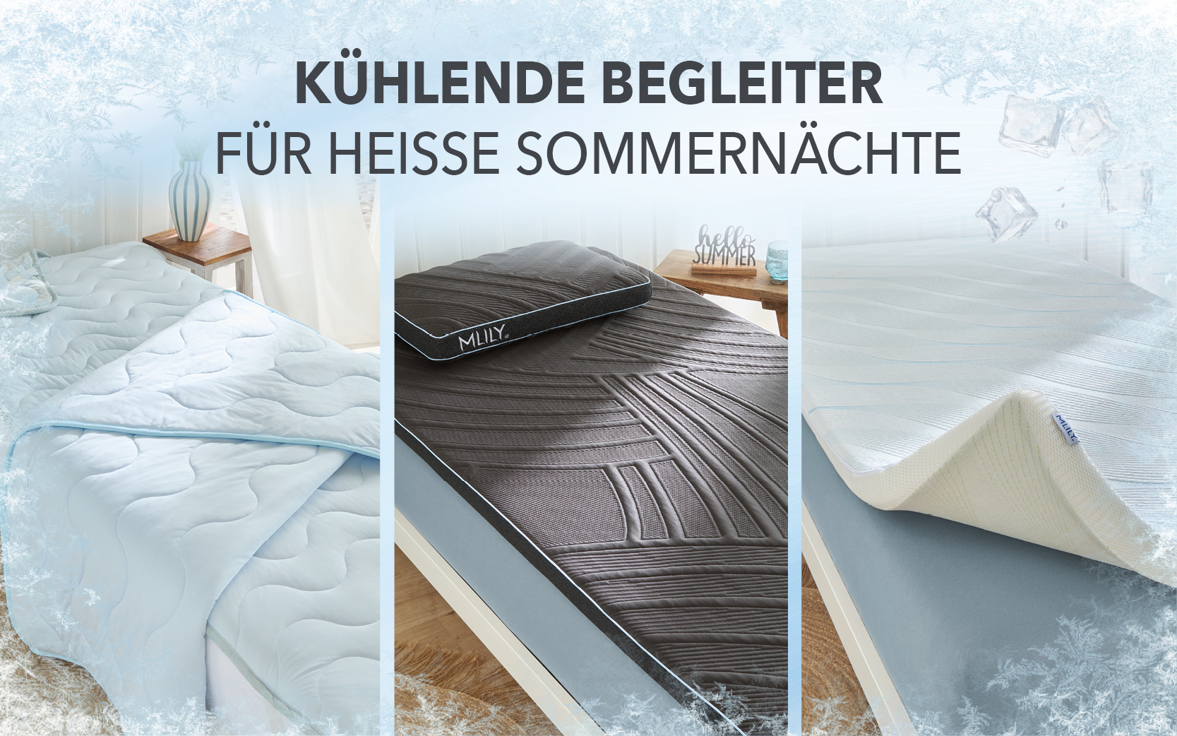 Kühlende Matratzenauflagen und Sommerbettwaren für heiße Nächte – ideal zur Temperaturregulierung im Sommer. Jetzt bei Matratzen Concord Schweiz: atmungsaktive Materialien, kühlende Gelauflagen und leichte Steppdecken für erholsamen Schlaf trotz Hitze.