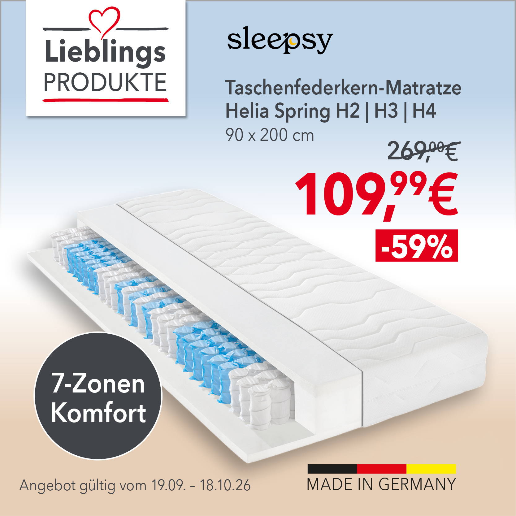 Sleepsy Helia Spring Taschenfederkern-Matratze 90x200 cm, 109,99 € statt 269 €. 59 % Rabatt. 7-Zonen-Komfort. Made in Germany. Bis 18.10.2026