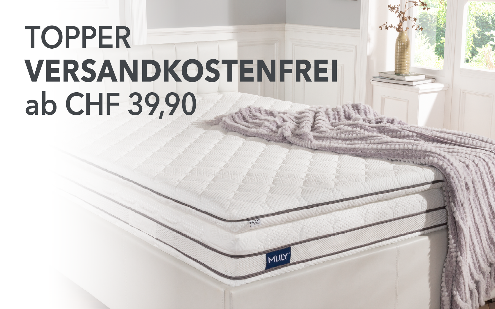Abbildung eines Matratzentoppers mit dem Text "Topper Versandkostenfrei ab CHF 39,90".