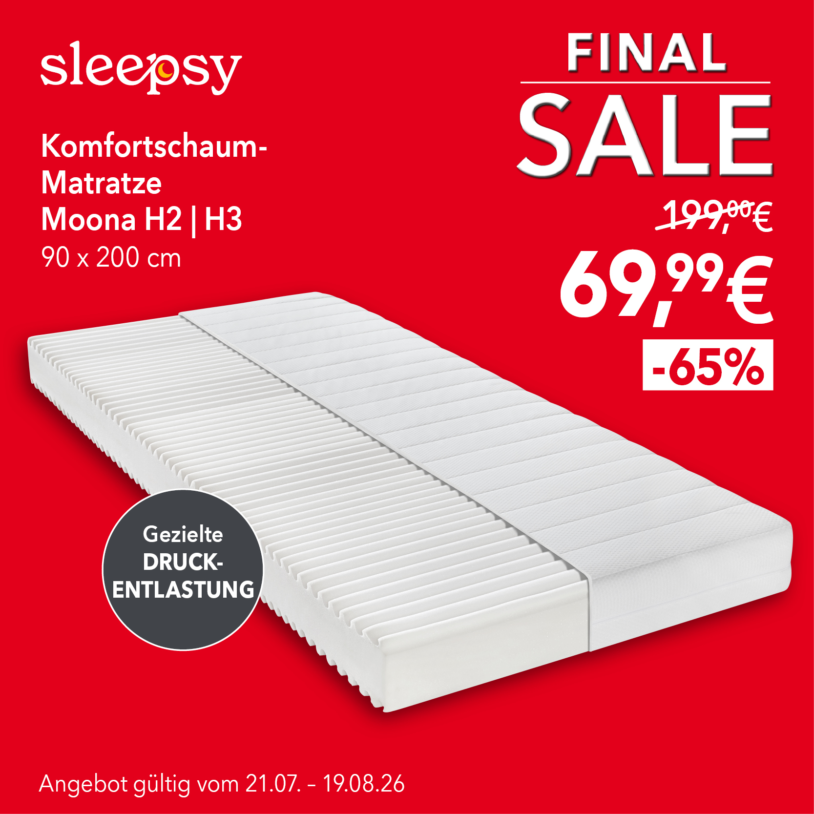 Sleepsy Moona Komfortschaum-Matratze 90x200 cm für 69,99 € statt 199 €. 65 % Rabatt. Gezielte Druckentlastung. Gültig bis 19.08.2026.