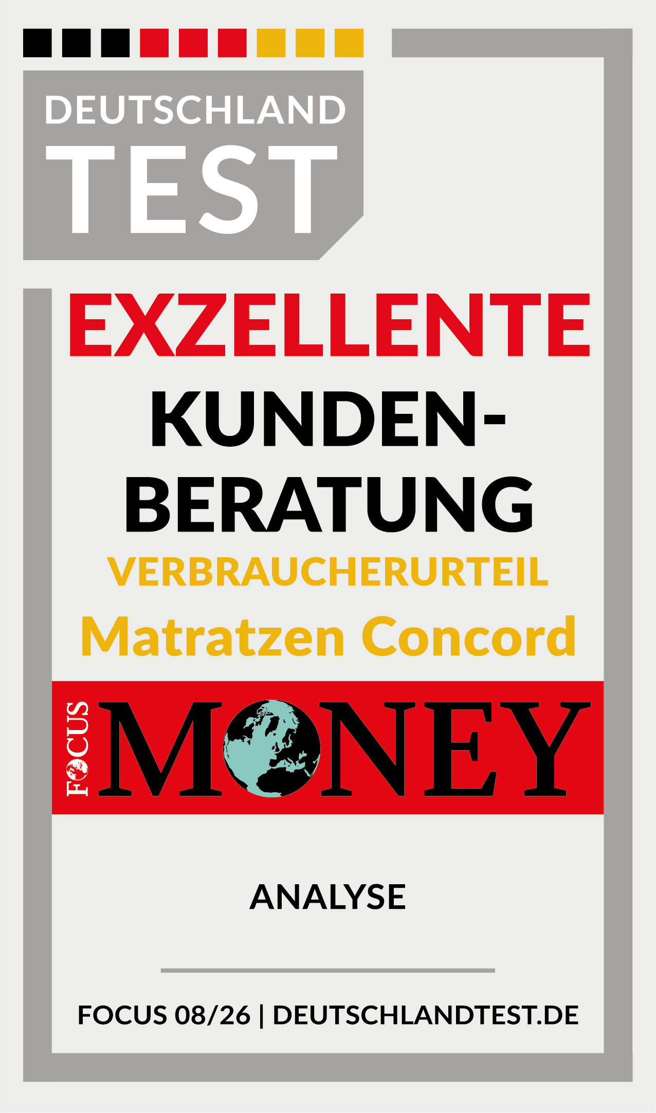 Focus Money Test-Siegel: „Exzellente Kundenberatung 2026“ für Matratzen Concord.