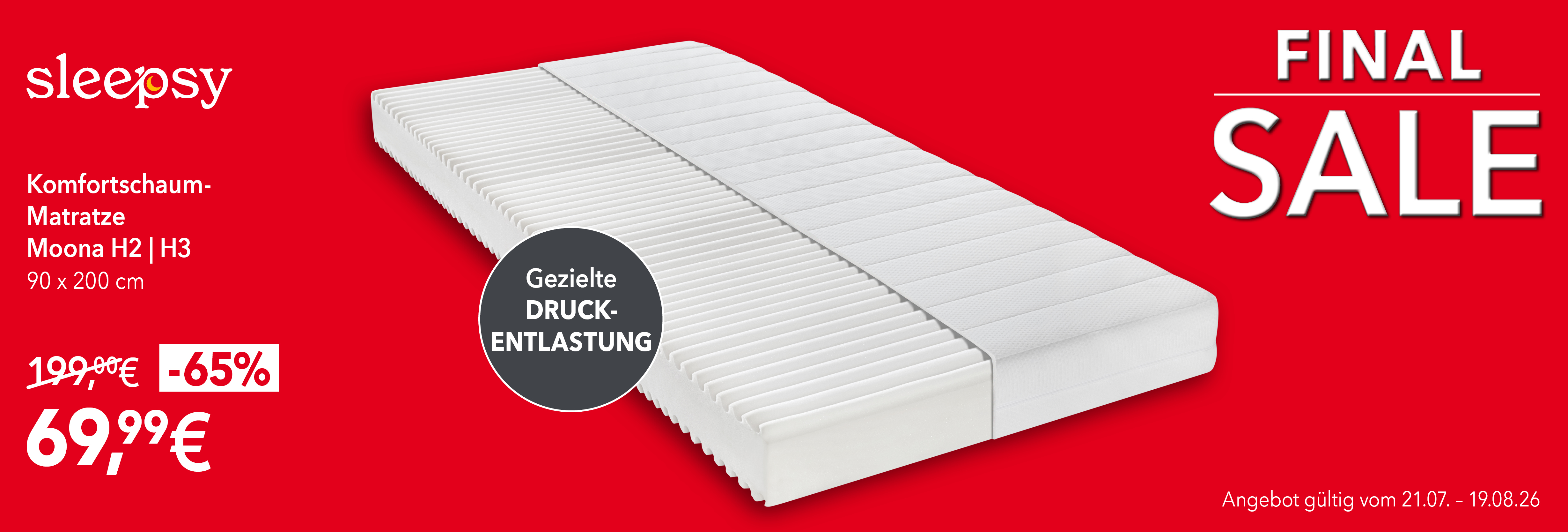 Sleepsy Moona Komfortschaum-Matratze 90x200 cm für 69,99 € statt 199 €. 65 % Rabatt. Gezielte Druckentlastung. Gültig bis 19.08.2026.
