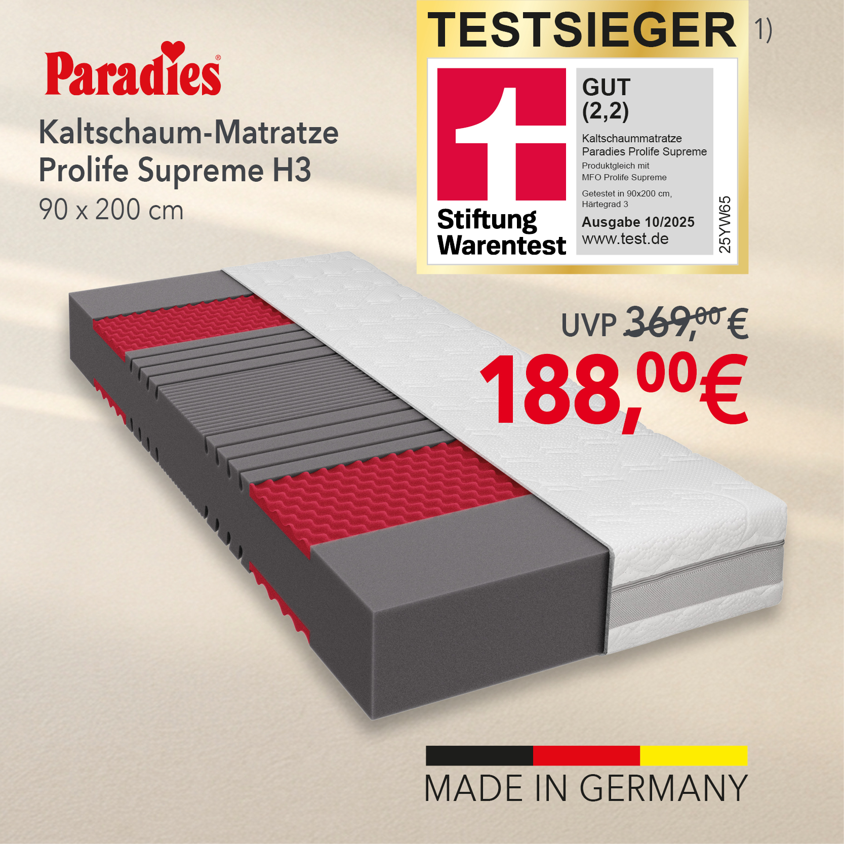 Paradies Prolife Supreme Kaltschaummatratze H3, 90 × 200 cm. Preis: 188 € statt 369 € UVP. Testsieger bei Stiftung Warentest, Note Gut (2,2), Ausgabe 10/2025. Made in Germany.