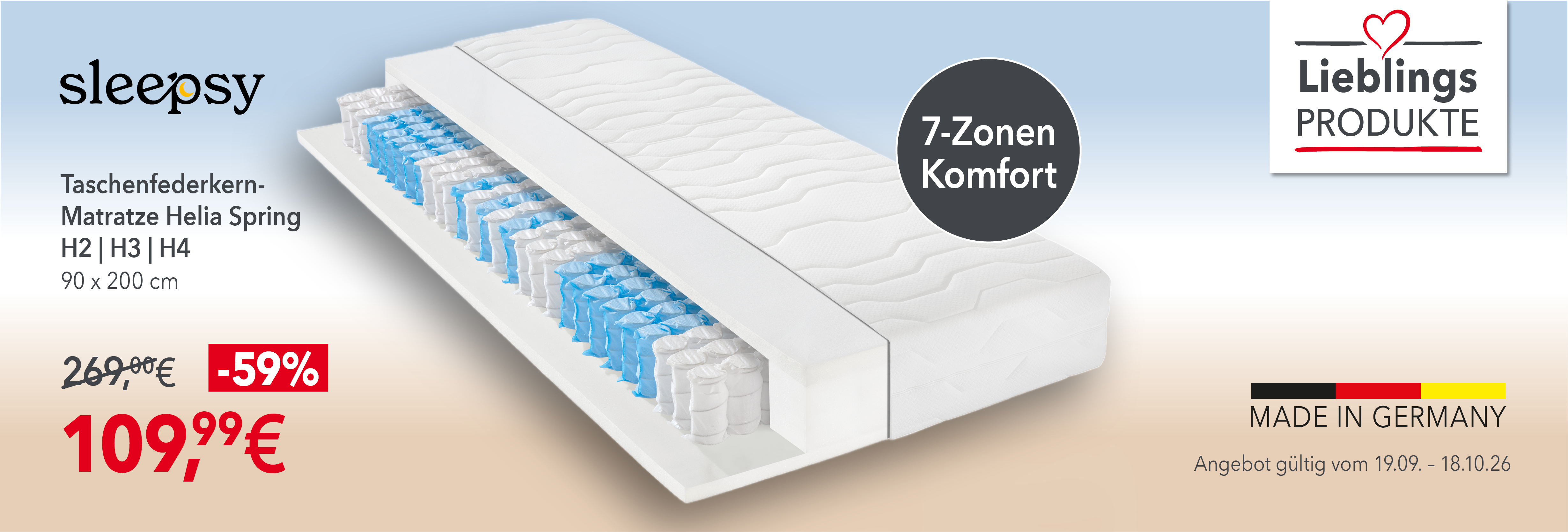 Sleepsy Helia Spring Taschenfederkern-Matratze 90x200 cm, 109,99 € statt 269 €. 59 % Rabatt. 7-Zonen-Komfort. Made in Germany. Bis 18.10.2026