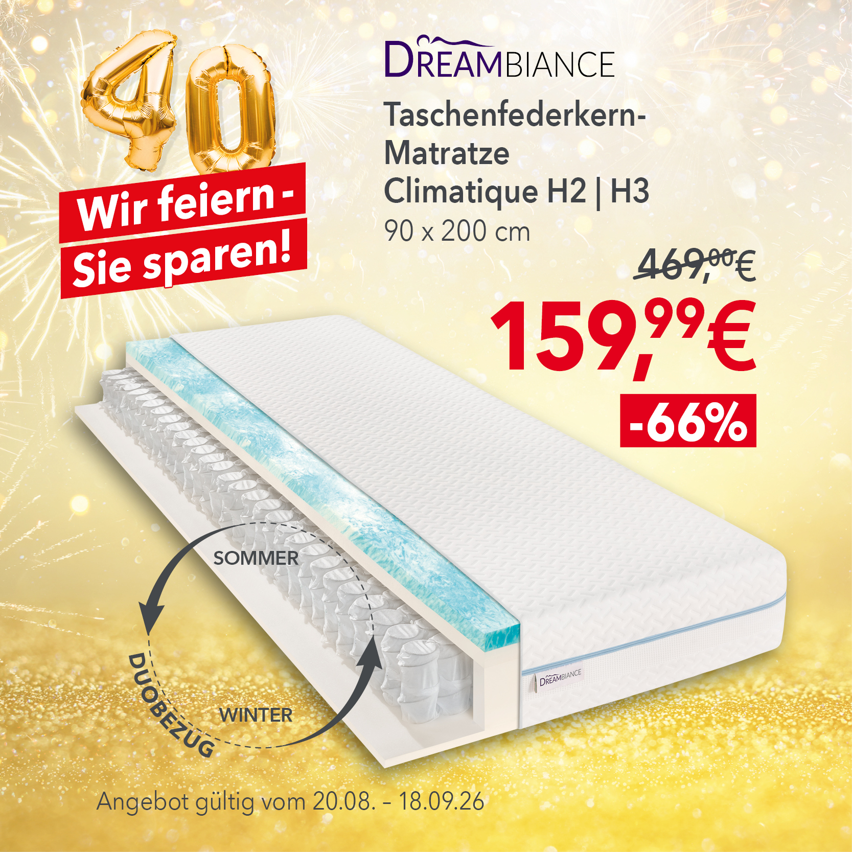 Dreambiance Climatique Taschenfederkern-Matratze 90x200 cm für 159,99 € statt 469 €. 66 % Rabatt. Sommer-/Winterseite. Gültig bis 18.09.2026